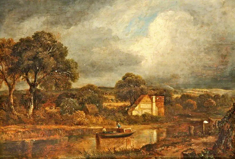 Flusslandschaft mit einem Hausboot und Chalets - John Constable