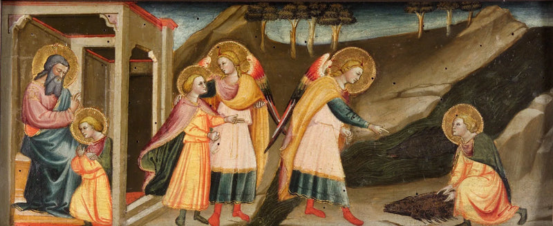 Szenen aus Tobias (Tobias verabschiedet sich von seinem Vater; Die Wanderungen von Tobias und dem Erzengel Raphael; Tobias nimmt das Herz, den Hebel und die Galle des Fisches) - Bicci di Lorenzo
