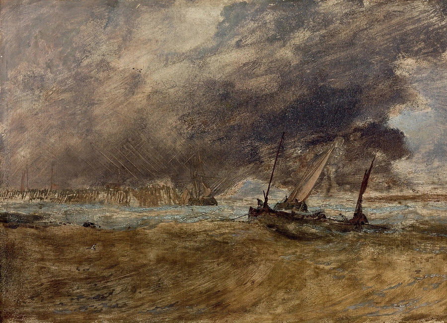 Seestück mit Fischerbooten an einem Holzsteg, ein Sturm zieht auf - J. M. W. Turner