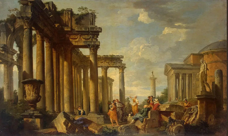 Predigt der Heiligen Sibylle in den römischen Ruinen mit der Statue des Apollon - Giovanni Paolo Panini