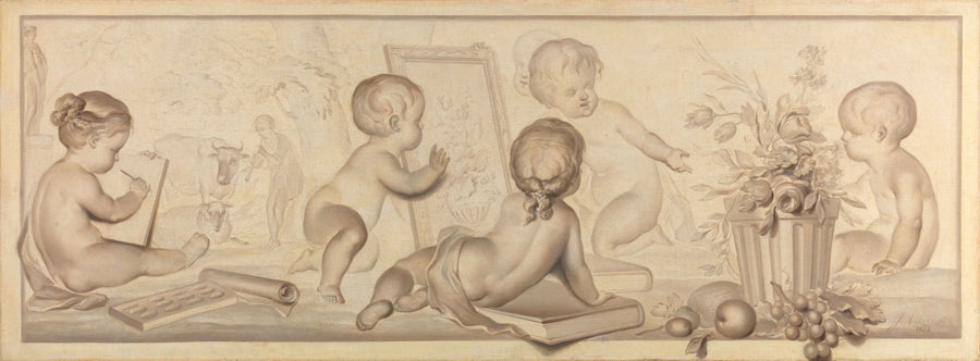 Six putti avec fleurs et fruits et attributs de dessin. - Jurriaan Andriessen