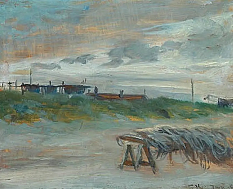 Skagen Sønderstrand an einem Juniabend, bei bewölktem Wetter. Fischernetze im Vordergrund. - Peder Severin Krøyer