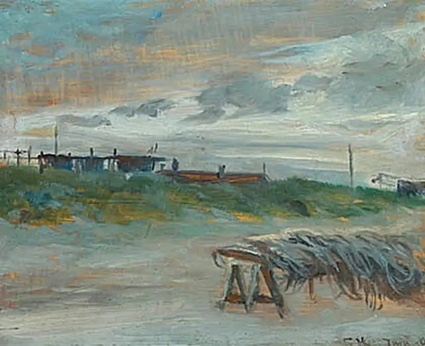 Skagen Sønderstrand an einem Juniabend, bei bewölktem Wetter. Fischernetze im Vordergrund. - Peder Severin Krøyer