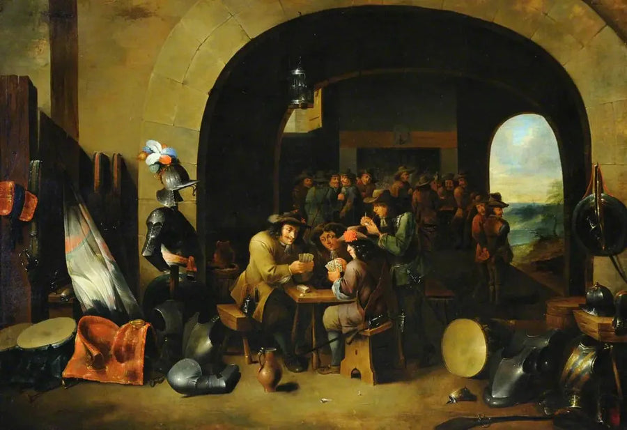 Soldaten, die Karten spielen in einem Wachsaal - David Teniers der Jüngere
