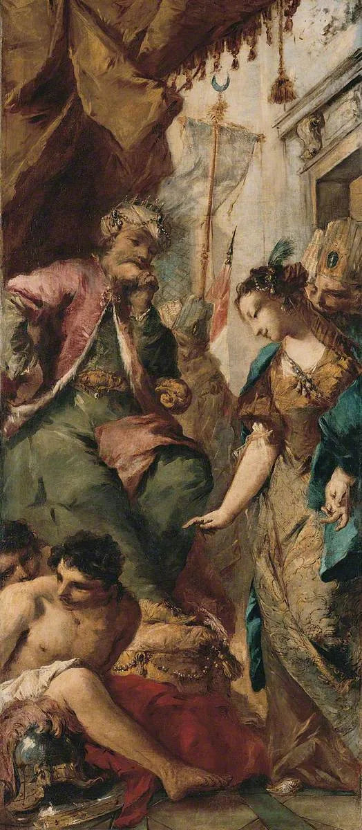 Sophronie bitt den sarranischen König Aladine, die christlichen Gefangenen zu befreien - Francesco Guardi
