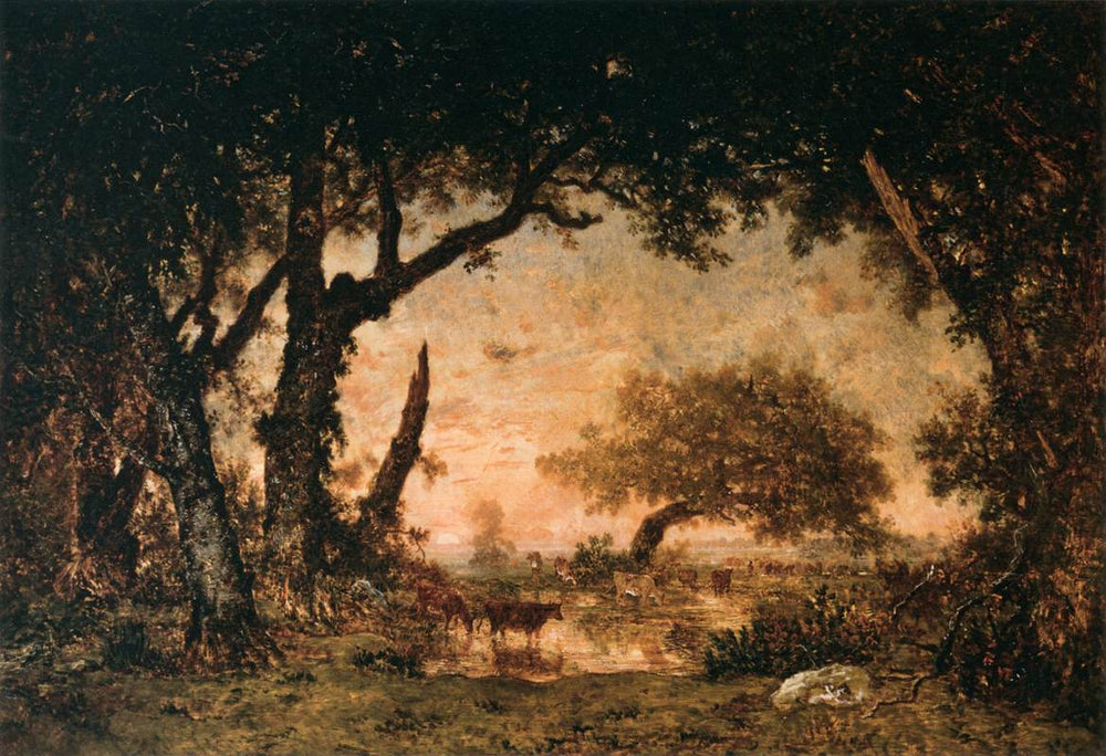 Sortie de forêt à Fontainebleau, soleil couchant - Théodore Rousseau image 1 copie de tableau peinte à la main