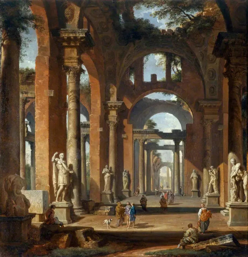 Statuen in einer Arkade in Ruinen - Giovanni Paolo Panini