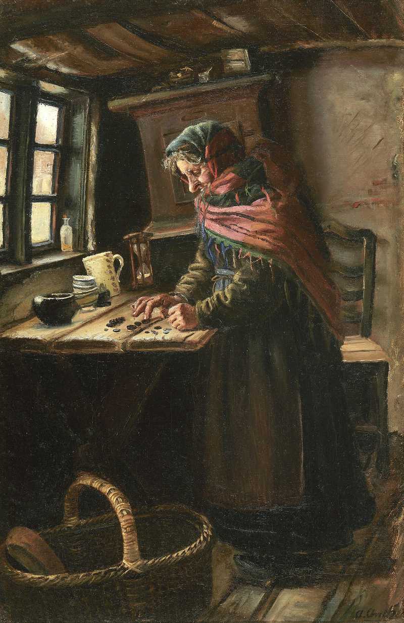 Stine Bollerhus zählt das Geld, das sie mit dem Brotverkauf verdient hat. Und sie fängt wieder ganz von vorne an. – Anna Ancher