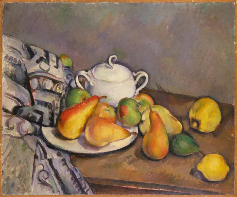 Zuckerdose, Birnen und Teppich - Paul Cézanne