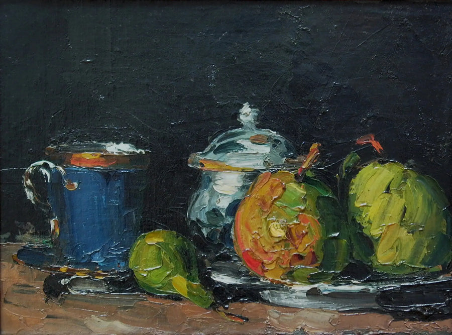 Zuckerdose, Birnen und blaue Tasse - Paul Cézanne