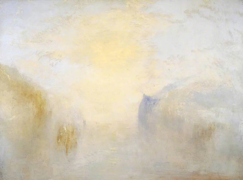Sonnenaufgang mit einem Boot zwischen den Landzungen - J. M. W. Turner