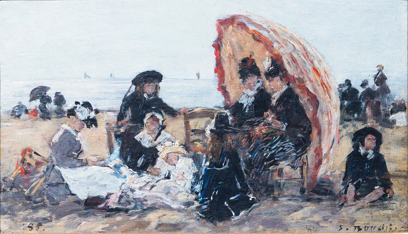 Am Strand von Trouville, im Schatten des roten Sonnenschirms - Eugène Boudin
