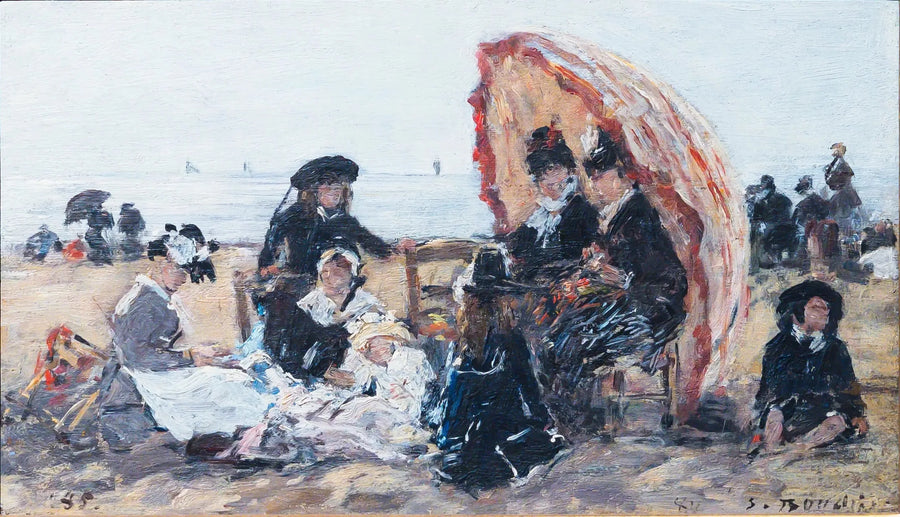 Am Strand von Trouville, im Schatten des roten Sonnenschirms - Eugène Boudin