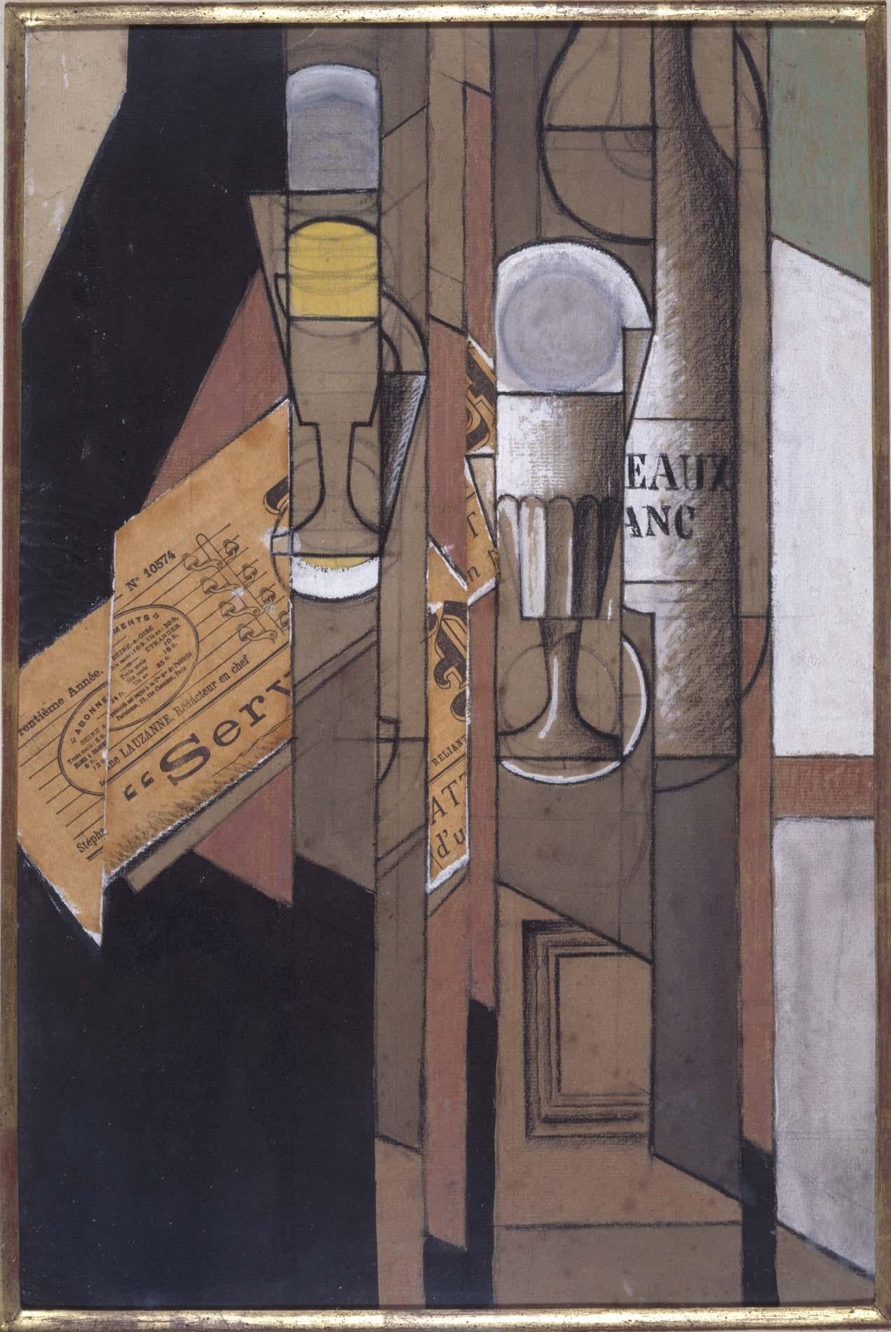 Tassen, Journal und Weinflasche - Juan Gris