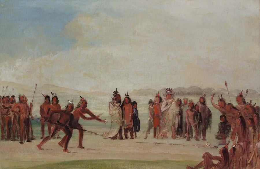 Tchung-kee, ein Mandan-Spiel gespielt mit einem Ring und einer Stange - George Catlin