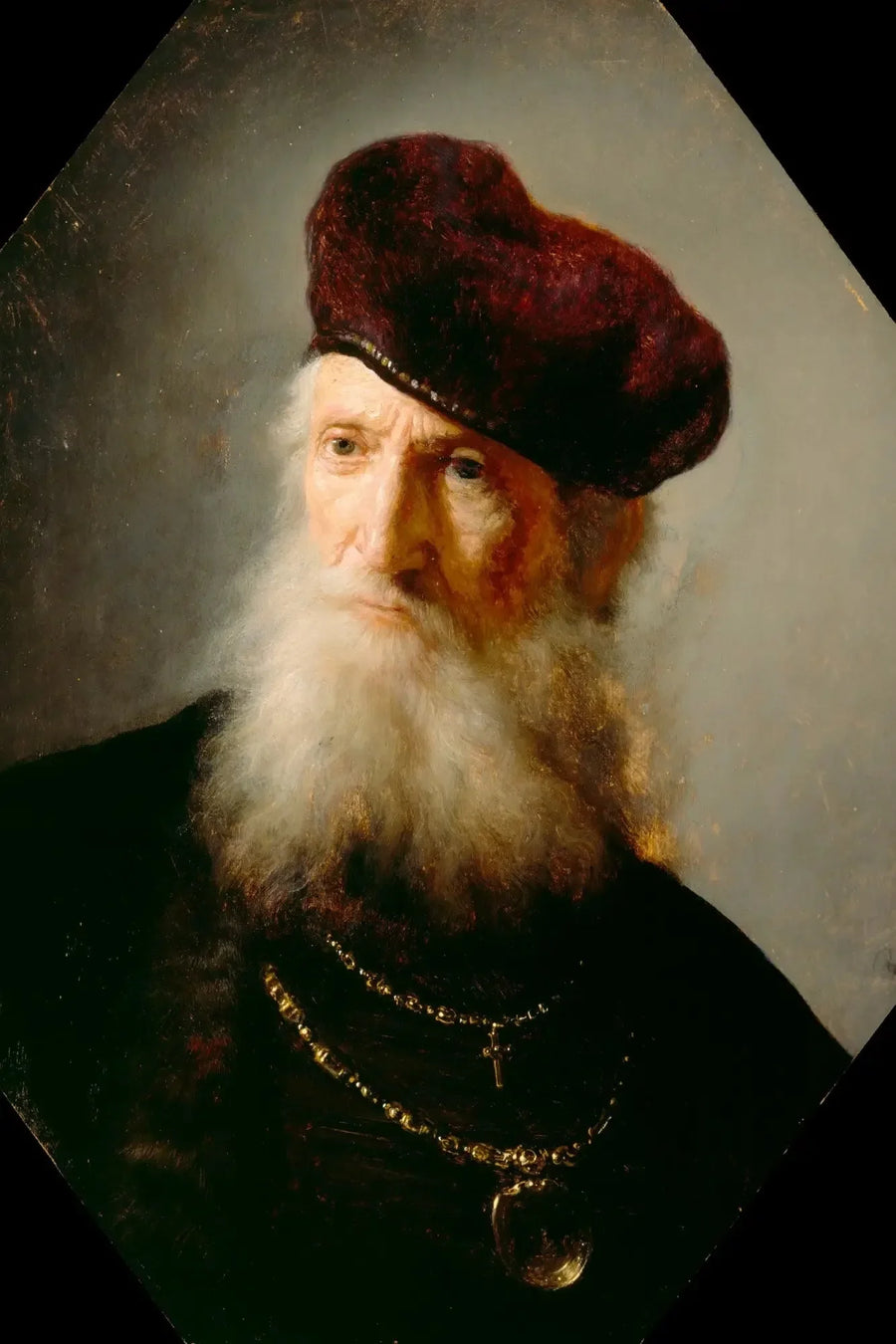 Kopf eines alten bärtigen Mannes mit einem hohen Barett - Rembrandt