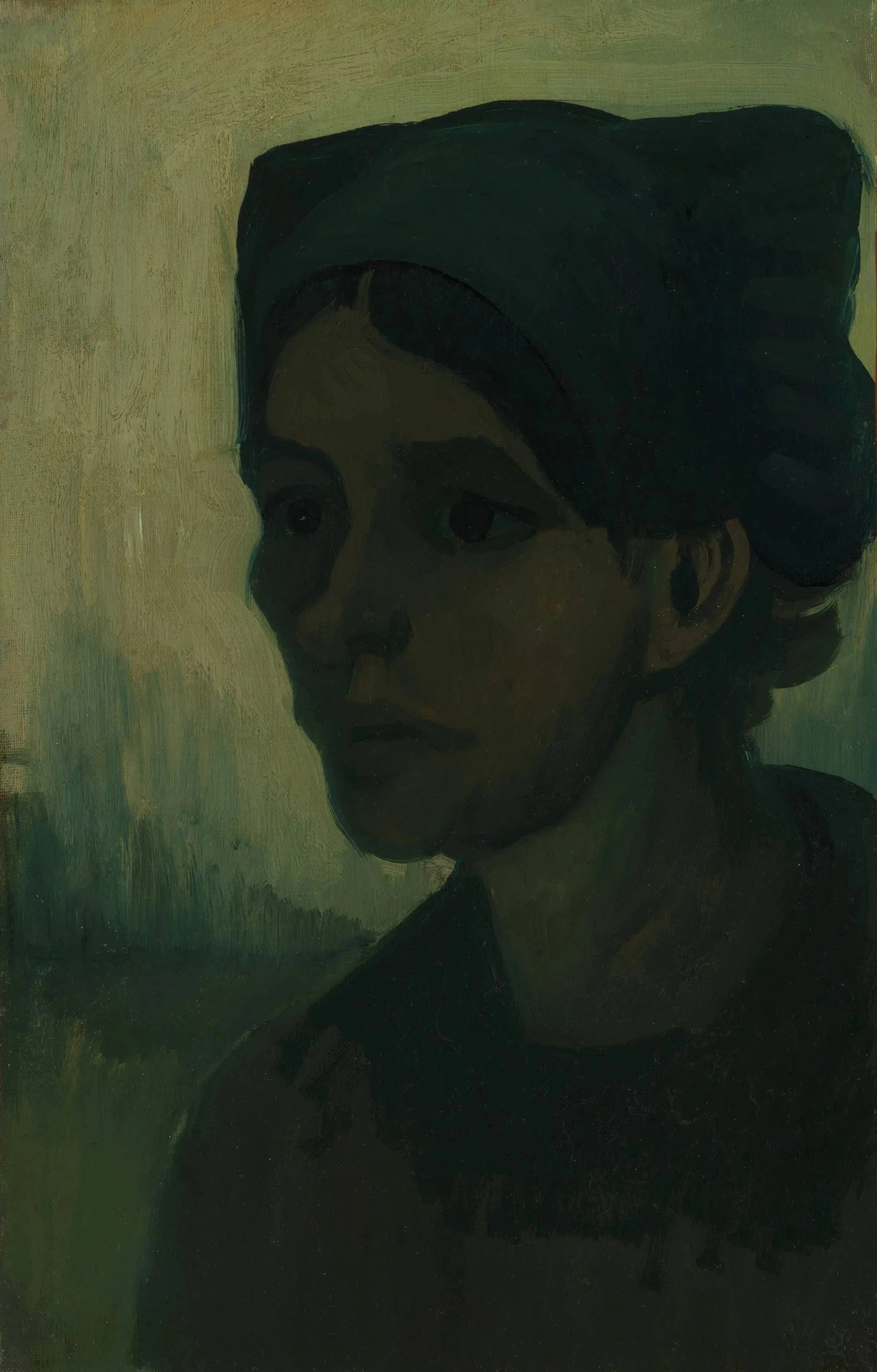 Tête de femme F150 — profil sombre coiffé d’un bonnet noir devant un fond vert jaune peint par Van Gogh