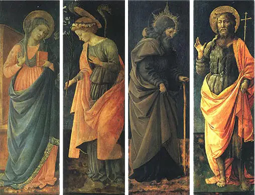 Verkündigung, Heilige Antonius Abate, Johannes der Täufer - Fra Filippo Lippi