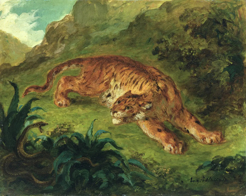 Vom einer Schlange erschreckter Tiger - Eugène Delacroix
