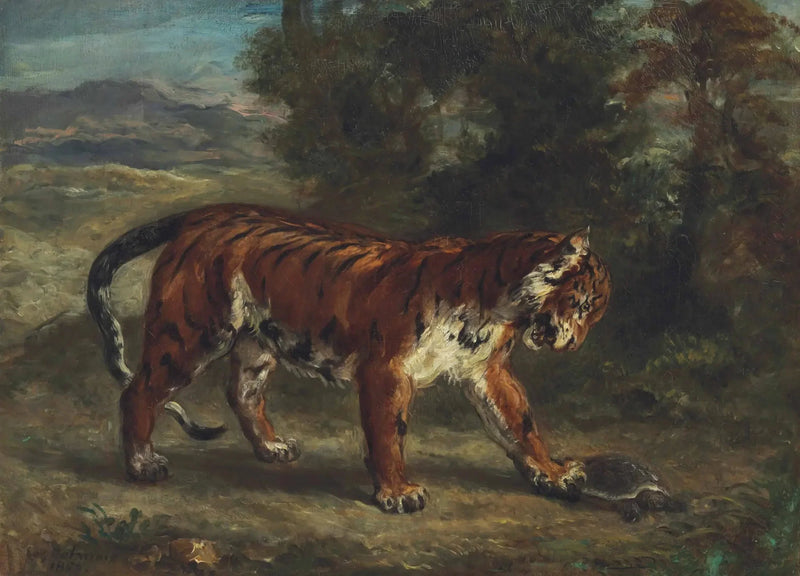 Tiger, der mit einer Schildkröte spielt - Eugène Delacroix