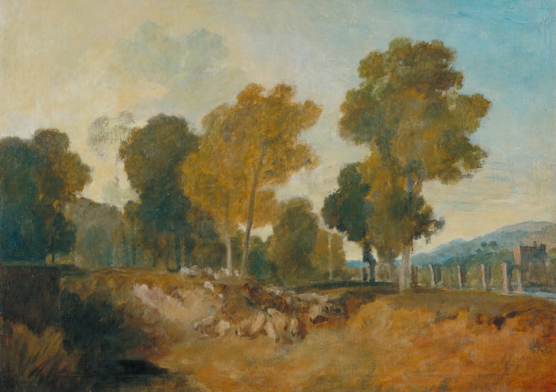 Bäume neben dem Fluss, mit Brücke in der mittleren Entfernung - J. M. W. Turner