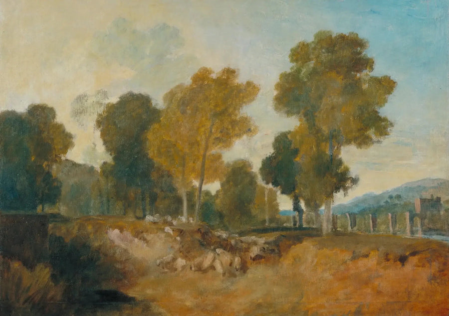 Bäume neben dem Fluss, mit Brücke in der mittleren Entfernung - J. M. W. Turner