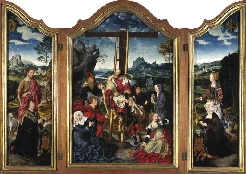 Triptychon. In der Mitte: die Kreuzabnahme; links: Johannes der Täufer mit einem Spender; rechts: Margareta von Antiochia mit einer Spenderin. - Joos van Cleve