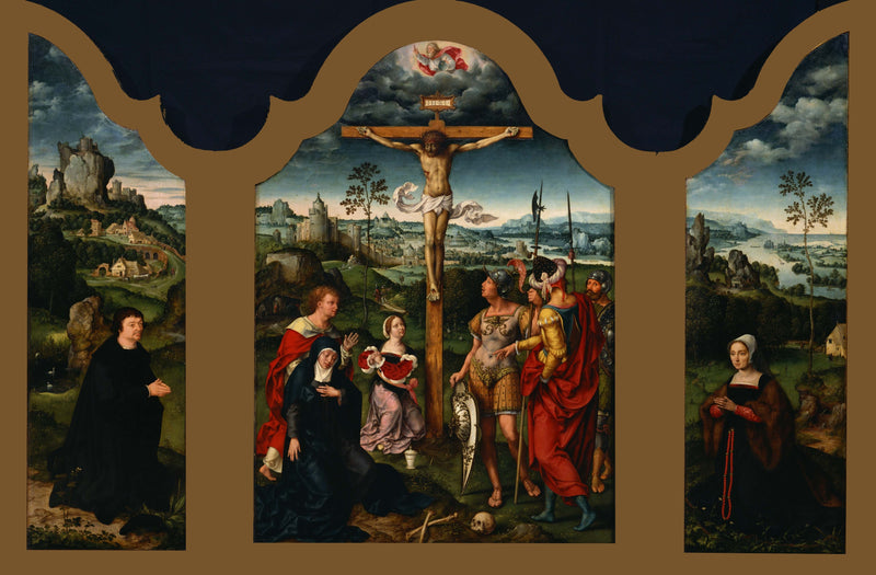 Triptychon: Die Kreuzigung flankiert vom knienden Spender und seiner Ehefrau - Joos van Cleve
