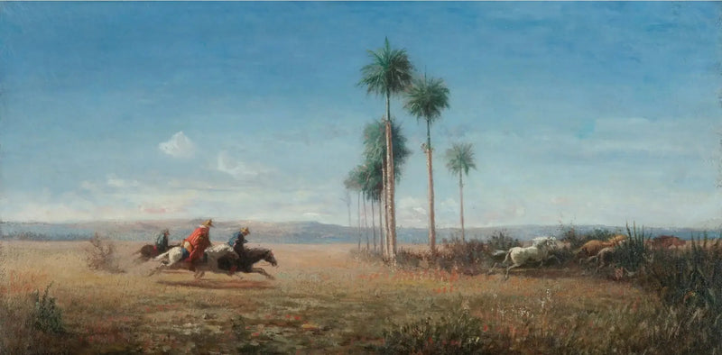 Drei Reiter und galoppierende Pferde in einer Ebene (Venezuela) - Camille Pissarro