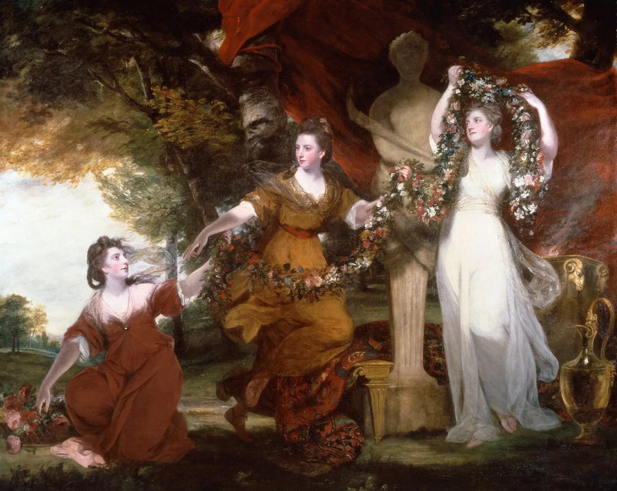 Drei Damen, die einen Hochzeitsbogen schmücken - Joshua Reynolds