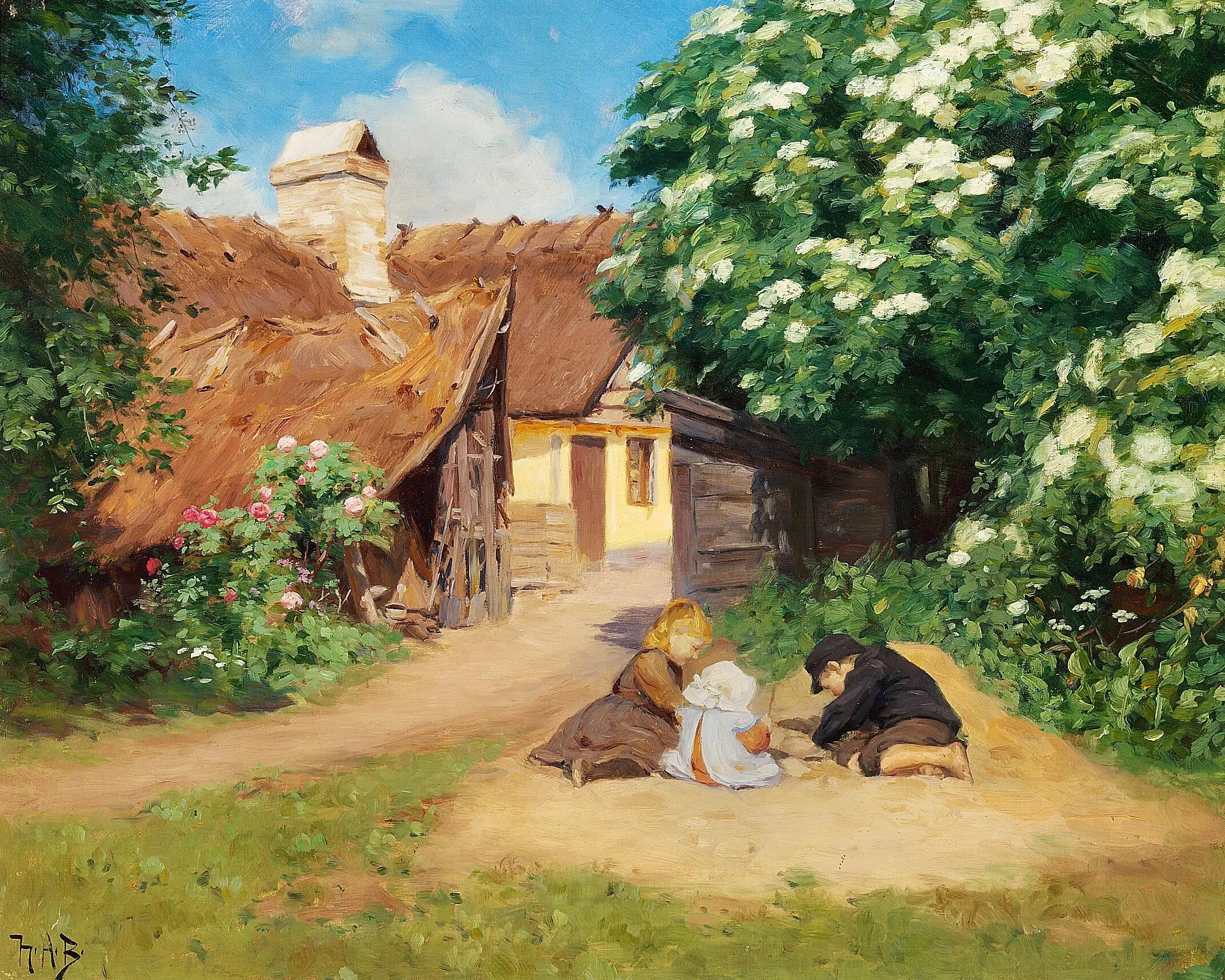 Trois enfants jouant près d’une ferme un jour d’été. - H. A. Brendekilde - Alpha Reproduction