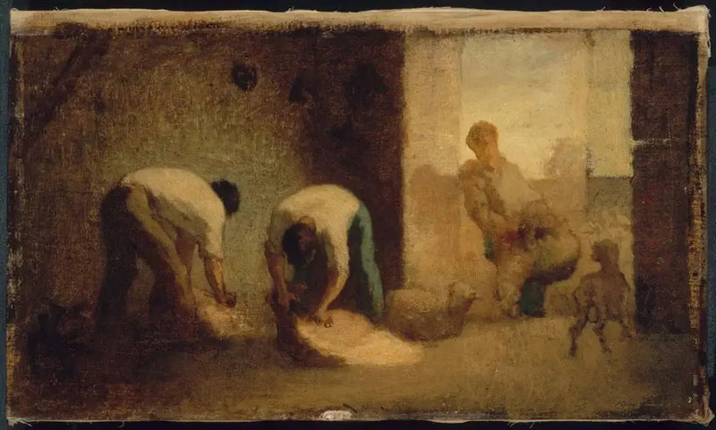 Drei Männer mähen Schafe in einer Scheune - Jean-François Millet