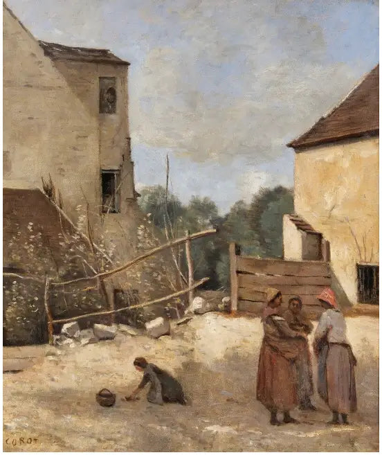 Drei Bäuerinnen, die in einem rustikalen Hof sprechen - Jean-Baptiste Camille Corot