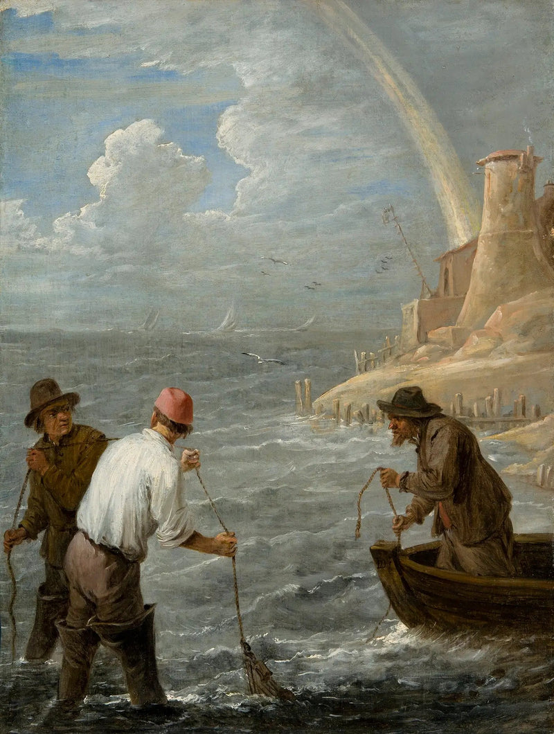 Drei Fischer, die ihre Netze auswerfen - David Teniers der Jüngere