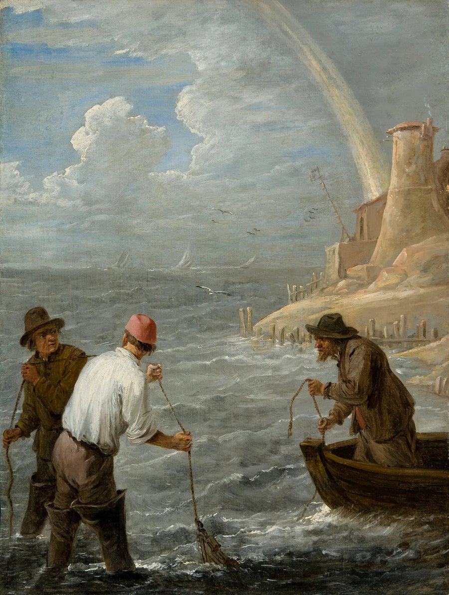 Drei Fischer, die ihre Netze auswerfen - David Teniers der Jüngere