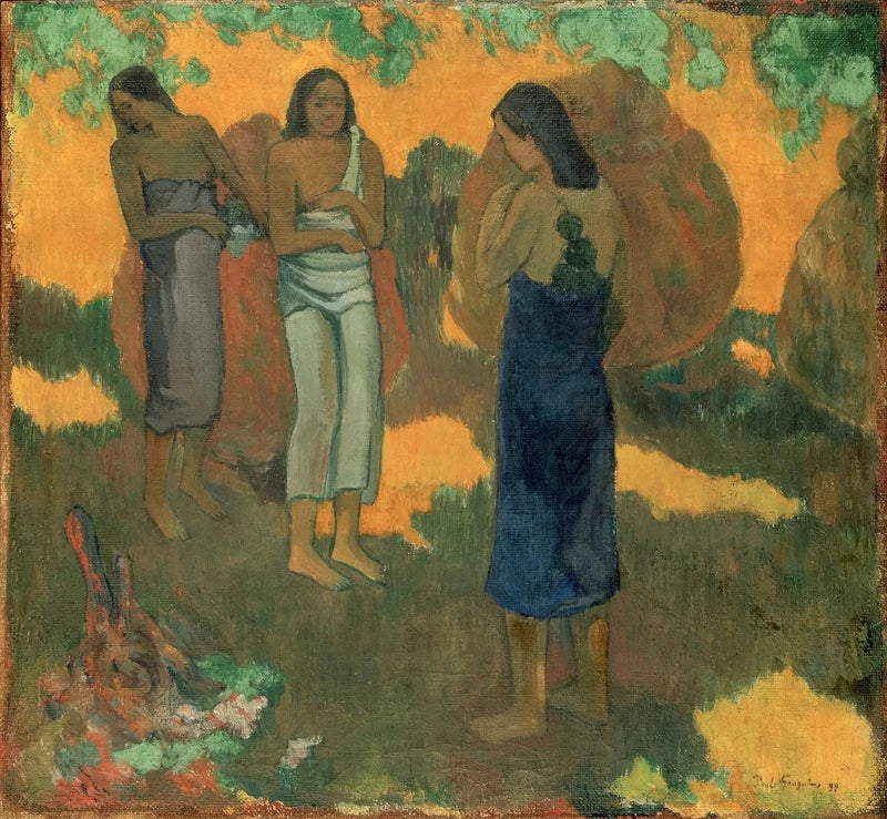 Drei Tahitianerinnen auf gelbem Hintergrund - Paul Gauguin