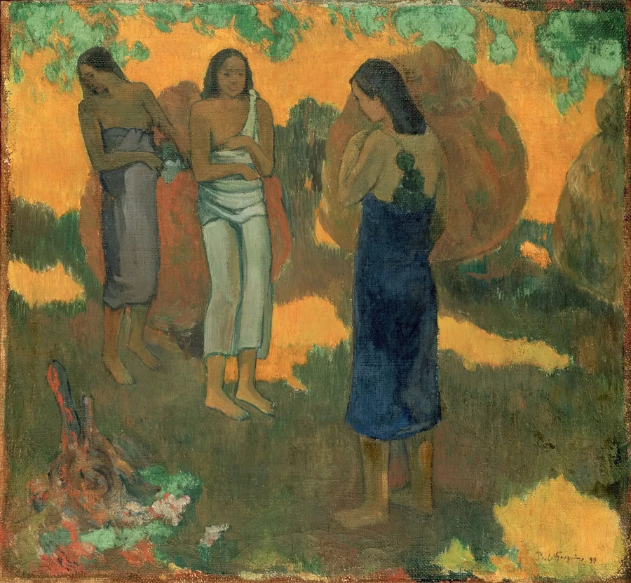Drei Tahitianerinnen auf gelbem Hintergrund - Paul Gauguin