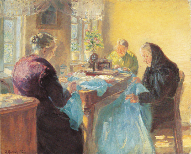 Drei ältere Damen nähen ein blaues Kleid für einen Kostümball. – Anna Ancher