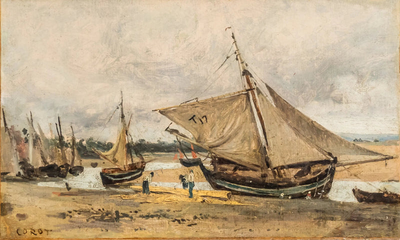 Trouville, gestrandete Fischerboote im Fahrwasser - Jean-Baptiste Camille Corot