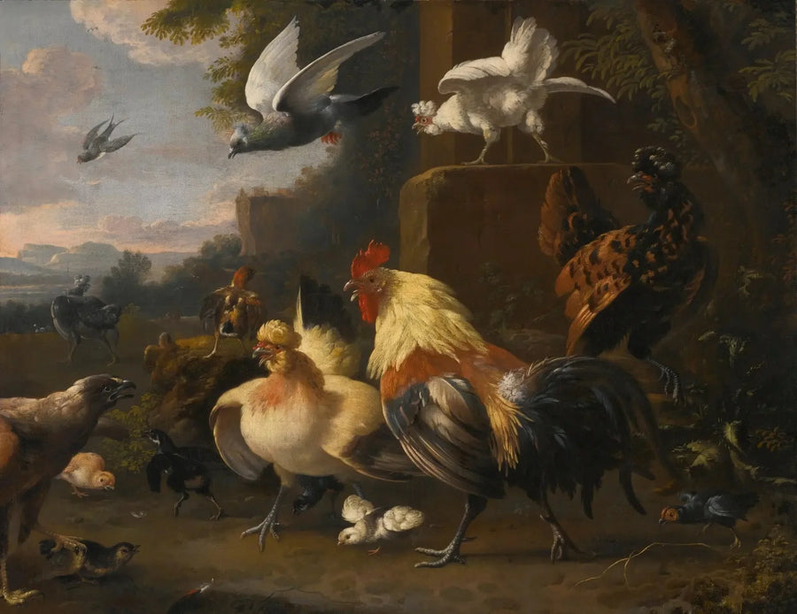 Ein Adler gegenüber einem jungen Hahn, Hühner, fliegende Tauben und andere Vögel - Melchior de Hondecoeter