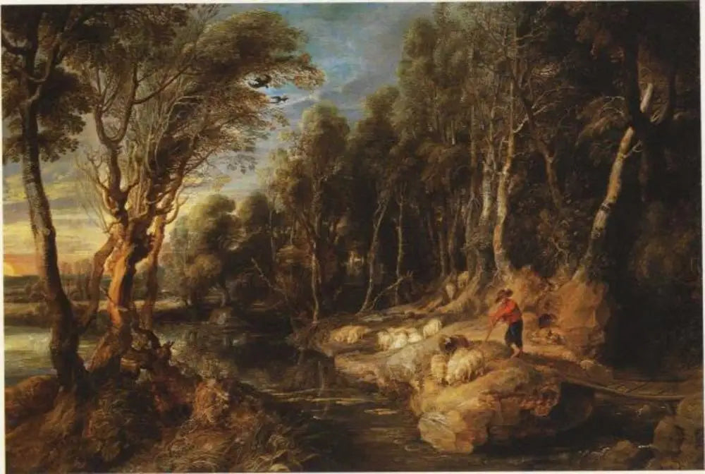 Un berger avec son troupeau dans un paysage boisé - Peter Paul Rubens image 1 copie peinte à la main à l’huile