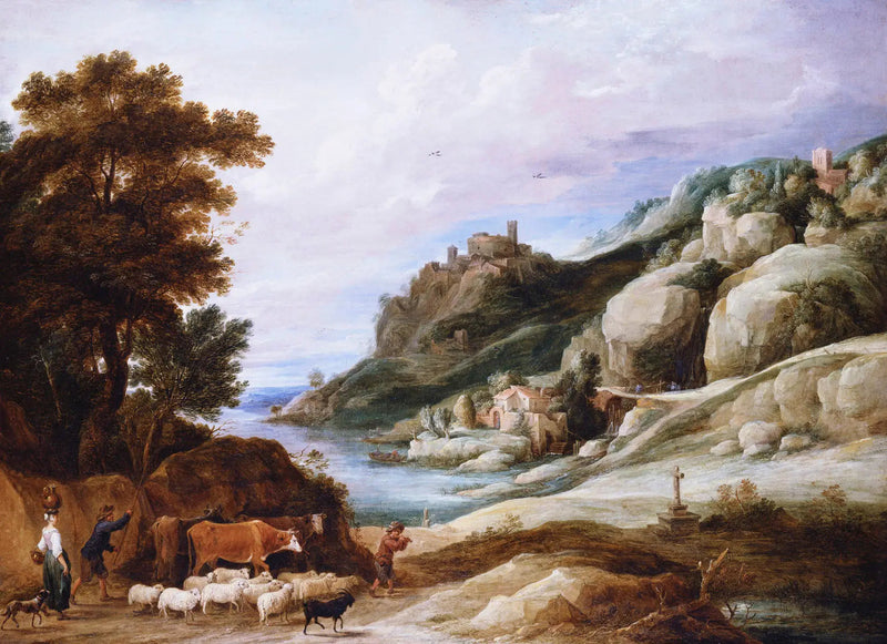 Ein Hirte mit seiner Herde in einer bergigen Landschaft - David Teniers der Jüngere