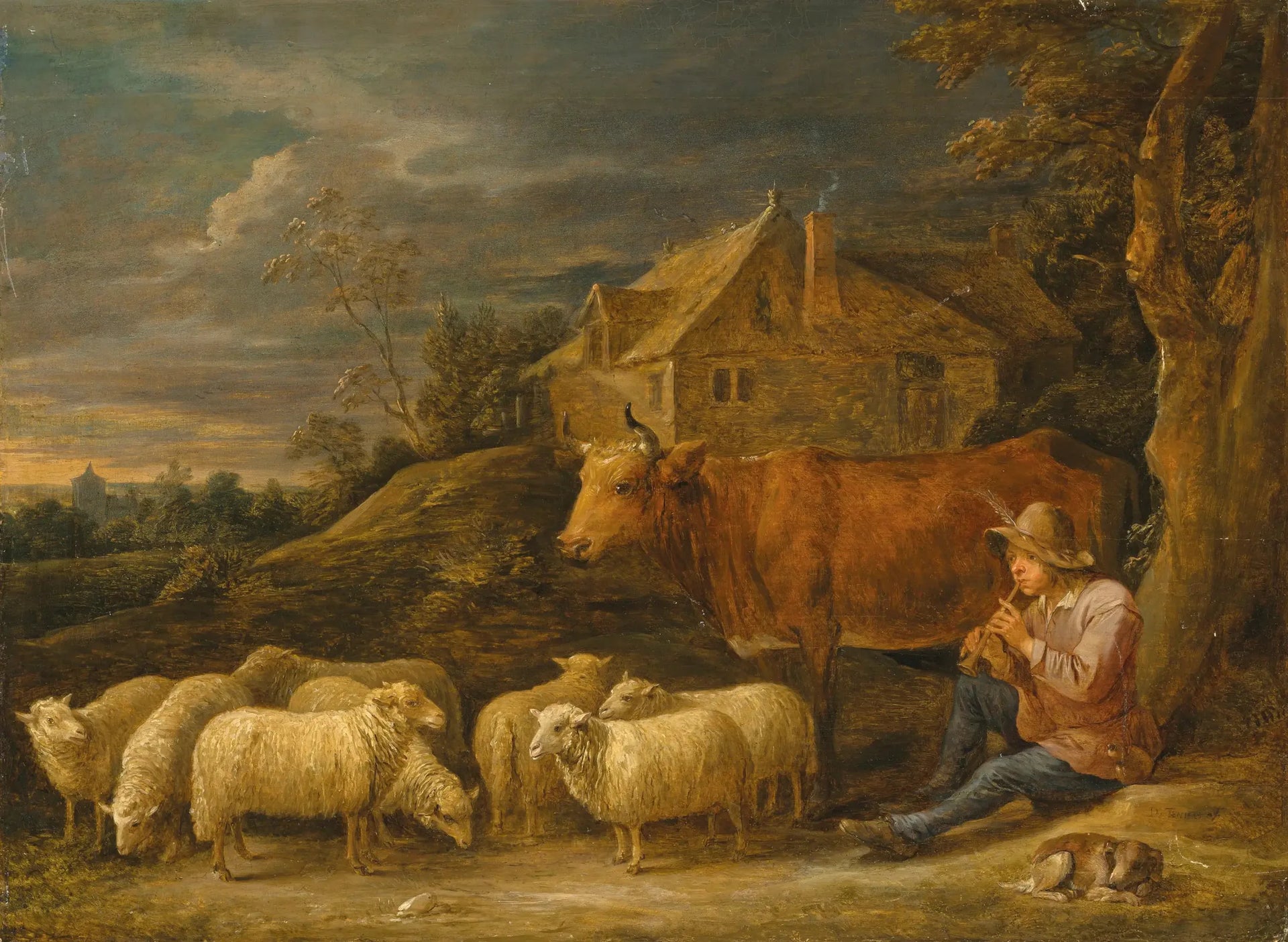 Un berger jouant de la flûte à son troupeau - David Teniers le Jeune image 1 copie de tableau peinte à la main