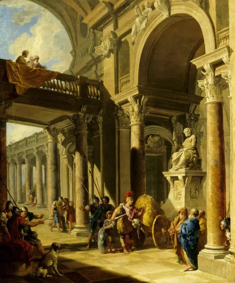 Ein architektonisches Capriccio mit Alexandre, der das gordische Knoten durchschneidet - Giovanni Paolo Panini