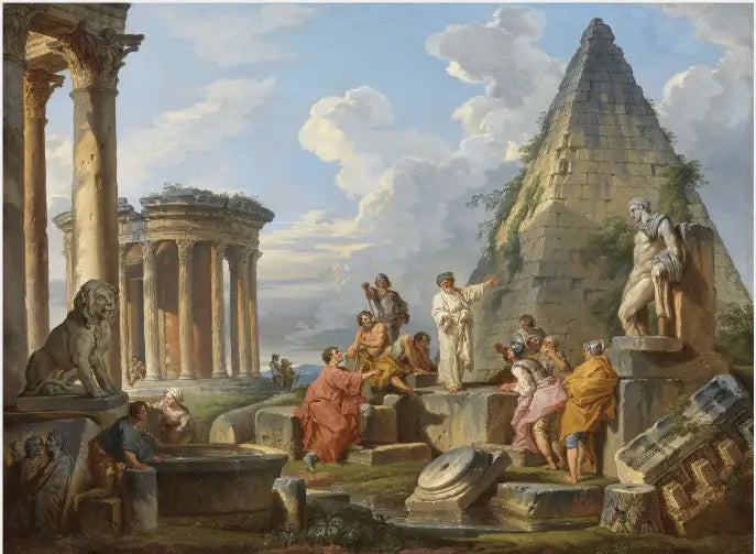 Ein Capriccio mit Sankt Paul, der den Römern predigt, mit dem Tempel der Vesta und der Pyramide von Gaius Cestius - Giovanni Paolo Panini