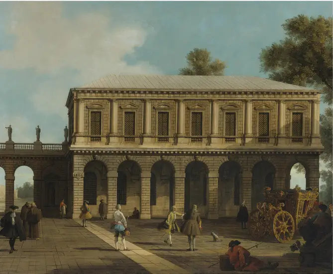 Ein Capriccio der San Marco Gefängnisse auf einem Platz mit einer Kutsche und Stadtbewohnern - Canaletto
