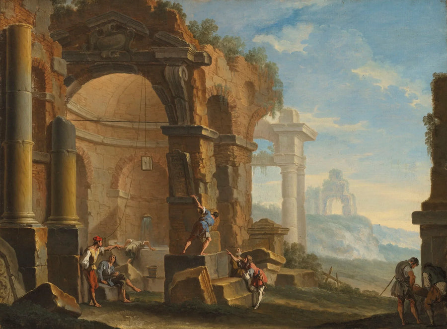 Eine Laune mit Figuren, die in der Nähe antiker Ruinen sprechen - Sebastiano Ricci