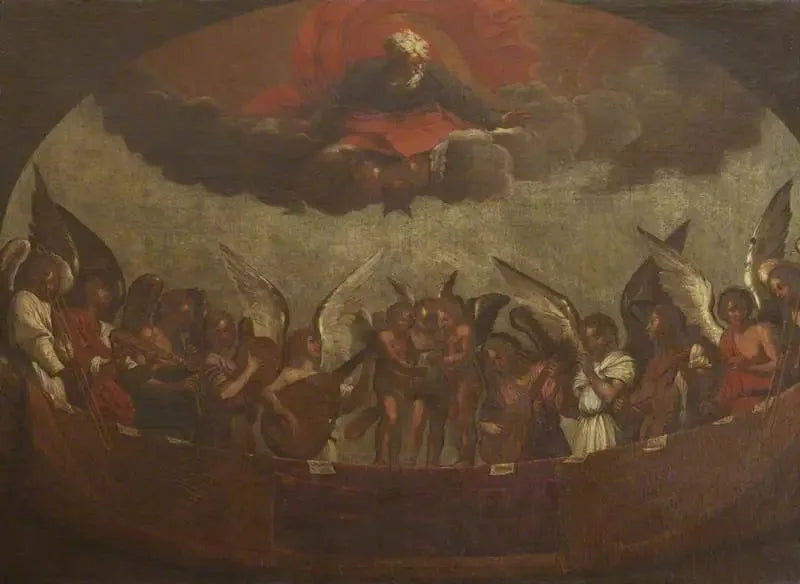 Ein Chor singender und spielender Engel mit Musikinstrumenten mit Gott dem Vater darüber - Guido Reni
