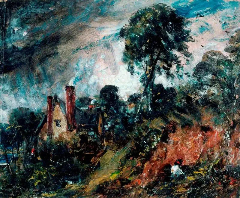 Ein Chalet unter den Bäumen mit einem Sandbank - John Constable