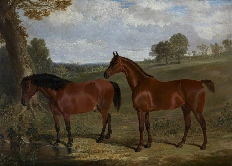 Ein braunes Pferd und ein Pony in einer Landschaft - John Frederick Herring, Sr.